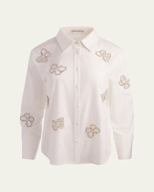 Alice + Olivia Finely Embellished Cutout Button-Front Shirt - Natural
