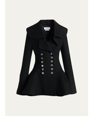 McQueen Ruffle Wool Fitted Double-Breasted Coat - Black