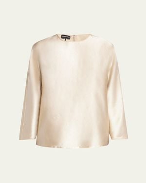 Giorgio Armani Tonal Piping Long-Sleeve Silk Blouse - Natural