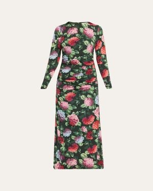 Carolina Herrera Hydrangea-Print Ruched Jersey Long-Sleeve Midi Dress - White