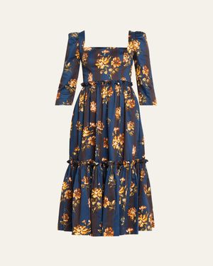 Cara Cara Hill Printed Cotton Sateen Midi Dress - Blue