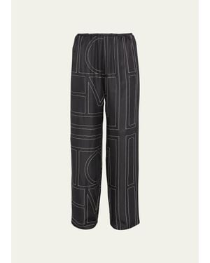 TOTEME Monogram-Embroidered Silk Pajama Pants - Gray