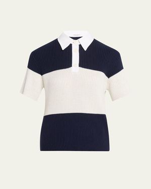 Brunello Cucinelli Shimmering Striped Cotton Rib Short-Sleeve Polo Sweater - Blue