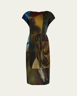 Lafayette 148 New York Pleated Abstract-Print Midi Dress - Green