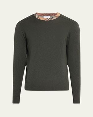 Burberry Wool Knit Check-Trim Crewneck Sweater - Green