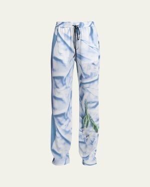 Victoria Beckham Printed Drawstring Pleated Silk Pajama Pants - Blue