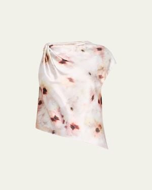 Vince Watercolor Floral Satin Twisted Asymmetric Top - Natural