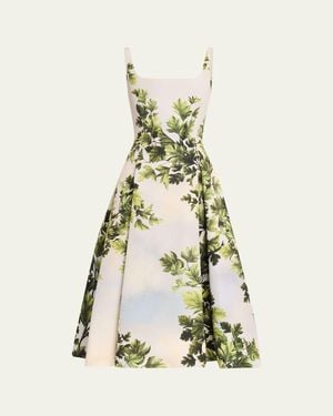 Oscar de la Renta Sleeveless Foliage-Print Faille Square-Neck Midi Dress - White