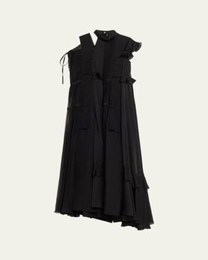 Sacai Mixed-Media Tiered Cap-Sleeve Maxi Dress - Black