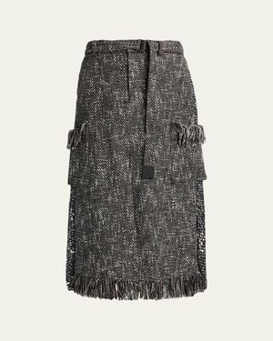 Sacai Mixed-Media Tweed Belted Midi Skirt - Gray