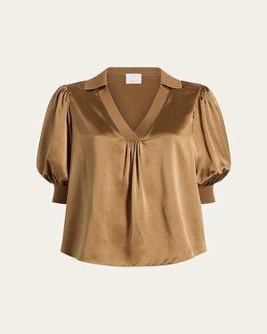 Cinq À Sept Weldon Collared V-Neck Short-Sleeve Silk Combo Top - Natural