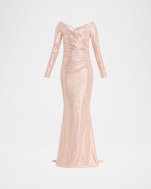 Talbot Runhof Metallic Draped Off-The-Shoulder Long-Sleeve Gown - Pink