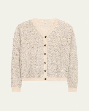 Lafayette 148 New York Metallic-Stitch Pointelle Cardigan - Natural