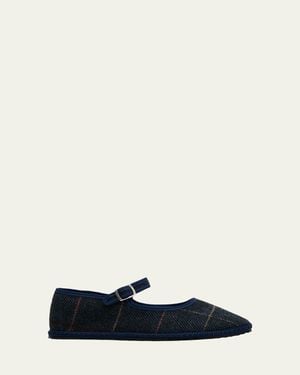 Vibi Venezia Mary Jane Plaid Herringbone Wool-Blend Flats - White