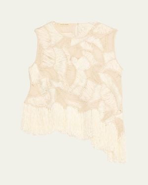 Heirlome Maureen Asymmetric Fringe Embroidered Sleeveless Top - Natural