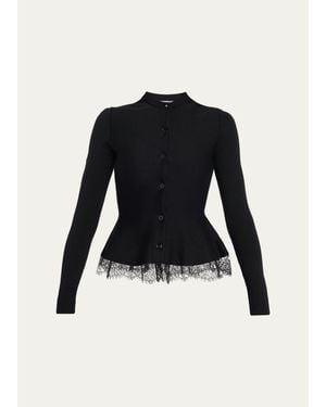 McQueen Lace-Trim Peplum Wool Crewneck Cardigan - Black