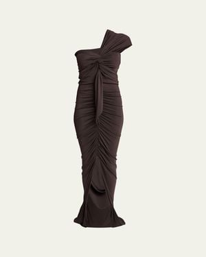 Balmain One-Shoulder Twisted Jersey Slit Gown - White
