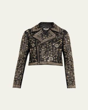 Alice + Olivia Cody Embellished Cropped Leather Moto Jacket - Black
