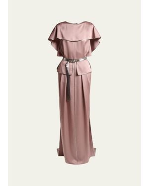 Lanvin Capelet-Sleeve Metallic Belted Satin Maxi Dress - Pink
