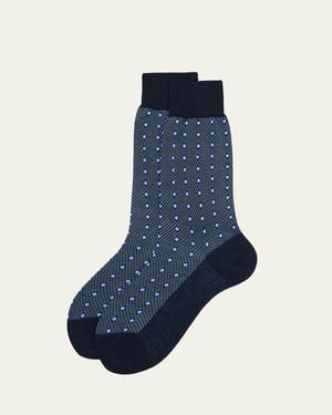 Bresciani Cotton Diamond-Woven Crew Socks - Blue