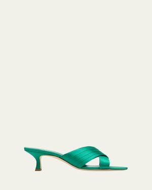 Manolo Blahnik Vieramul Pleated Satin Kitten-Heel Mule Sandals - Green