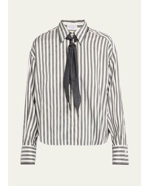 Brunello Cucinelli Wide Silk Stripe Button-Down Shirt - White