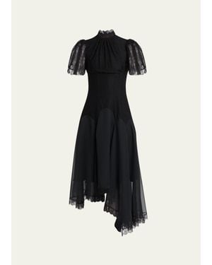 McQueen Draped Floral Lace High-Low Midi Dress - Black