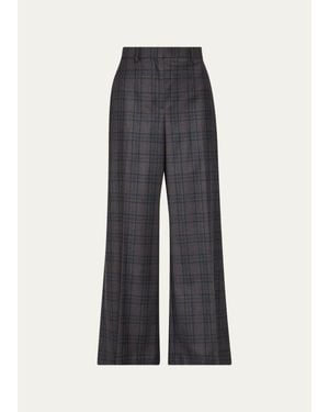 Theory High-Rise Plaid Wool Wide-Leg Pants - Blue