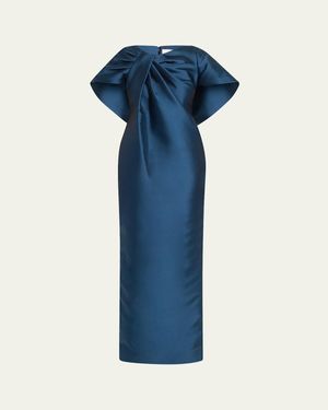 Atelier Prabal Gurung Meryl Asymmetric Drape Mikado Column Gown - Blue