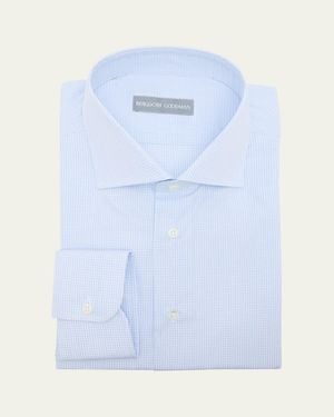 Bergdorf Goodman Cotton Micro-Check Spread-Collar Dress Shirt - Blue