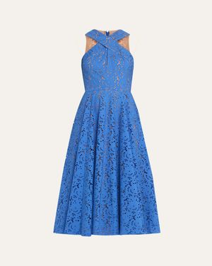 Michael Kors Broderie Anglaise Crossover Halter Midi Dress - Blue