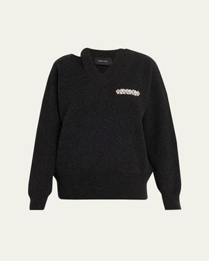 Simone Rocha Embellished Merino Wool Slash Cutout V-Neck Sweater - Black