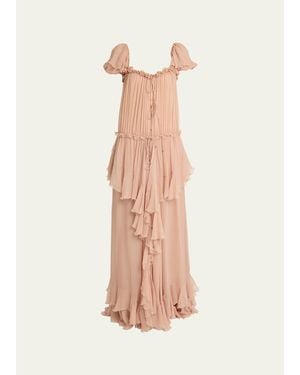 Chloé Gathered Ruffle Organic Silk Mousseline Gown - Pink