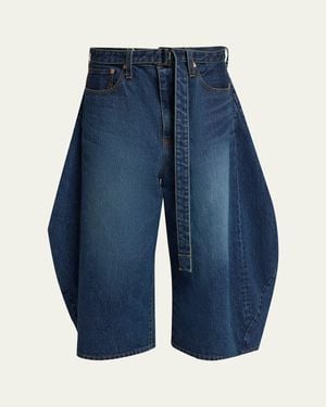 Sacai Belted Denim Barrel-Leg Crop Carpenter Pants - Blue