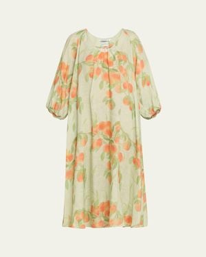 BERNADETTE Peach Print Puff-Sleeve Linen Dress - Yellow