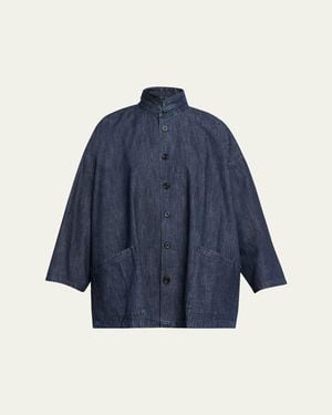 Eskandar Cotton Denim Angle To Front Double Stand Collar Jacket - Blue