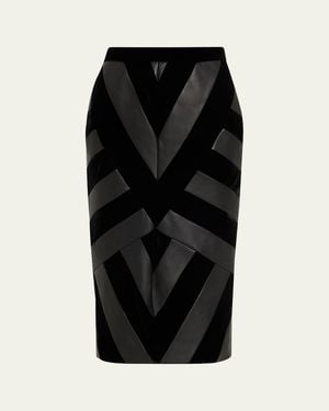 Sergio Hudson Chevron Paneled Leather Midi Pencil Skirt - Black