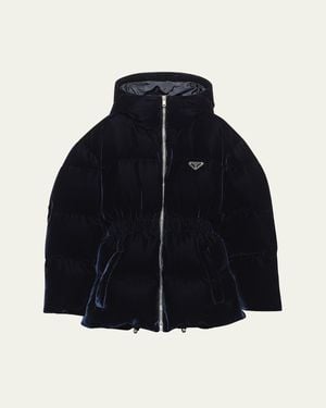 Prada Cinched Velvet Puffer Jacket - Blue