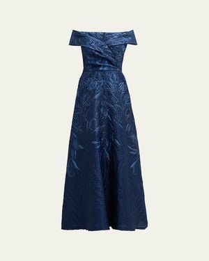 Teri Jon Off-Shoulder Metallic Jacquard Gown - Blue