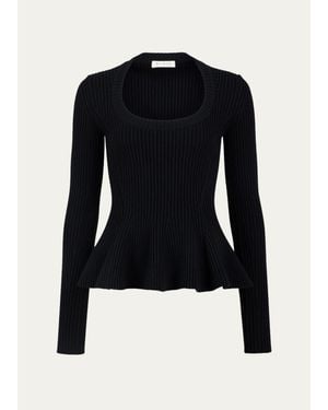 Alaïa Wool Rib Long-Sleeve Peplum Top - Blue