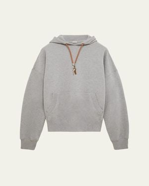 Loewe Relaxed Fit Fleece Leather-Drawstring Hoodie - Gray