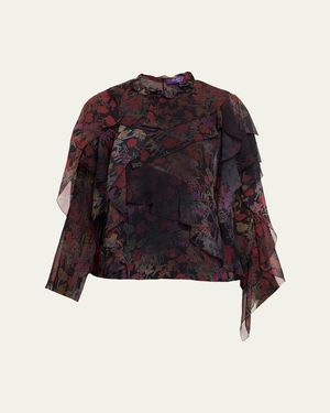 Ralph Lauren Ilene Ruffle-Trim Floral Chiffon Blouse - Blue