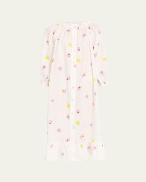 Sleeper Pansy-Print Linen Loungewear Midi Dress - Natural