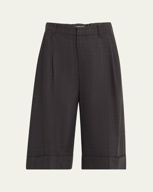 Brunello Cucinelli Windowpane Bermuda Pleated Wool Shorts - Black