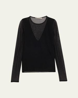 Jason Wu V-Neck Long-Sleeve Sheer Knit Top - Black