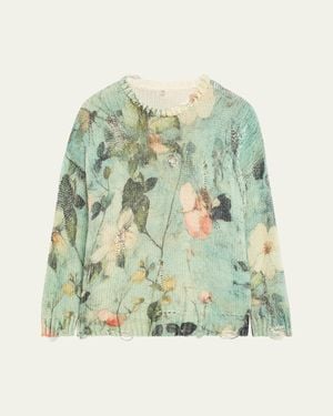 R13 Cashmere Distressed Floral Boyfriend Sweater - Green