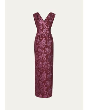 Lela Rose V-Neck Metallic Floral Fil Coupe Sleeveless Column Gown - Purple