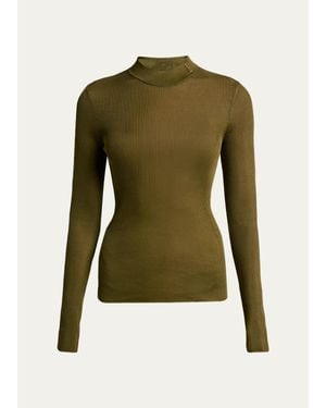 Saint Laurent Ysl Mock-Neck Cote Silk Rib Sweater - Green