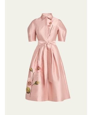 Teri Jon Floral-Embroidered Shimmer Jacquard Midi Shirtdress - Pink
