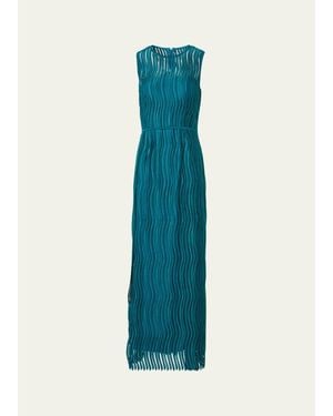 Akris Sleeveless Techno Wave Guipure Side-Slits Gown - Blue